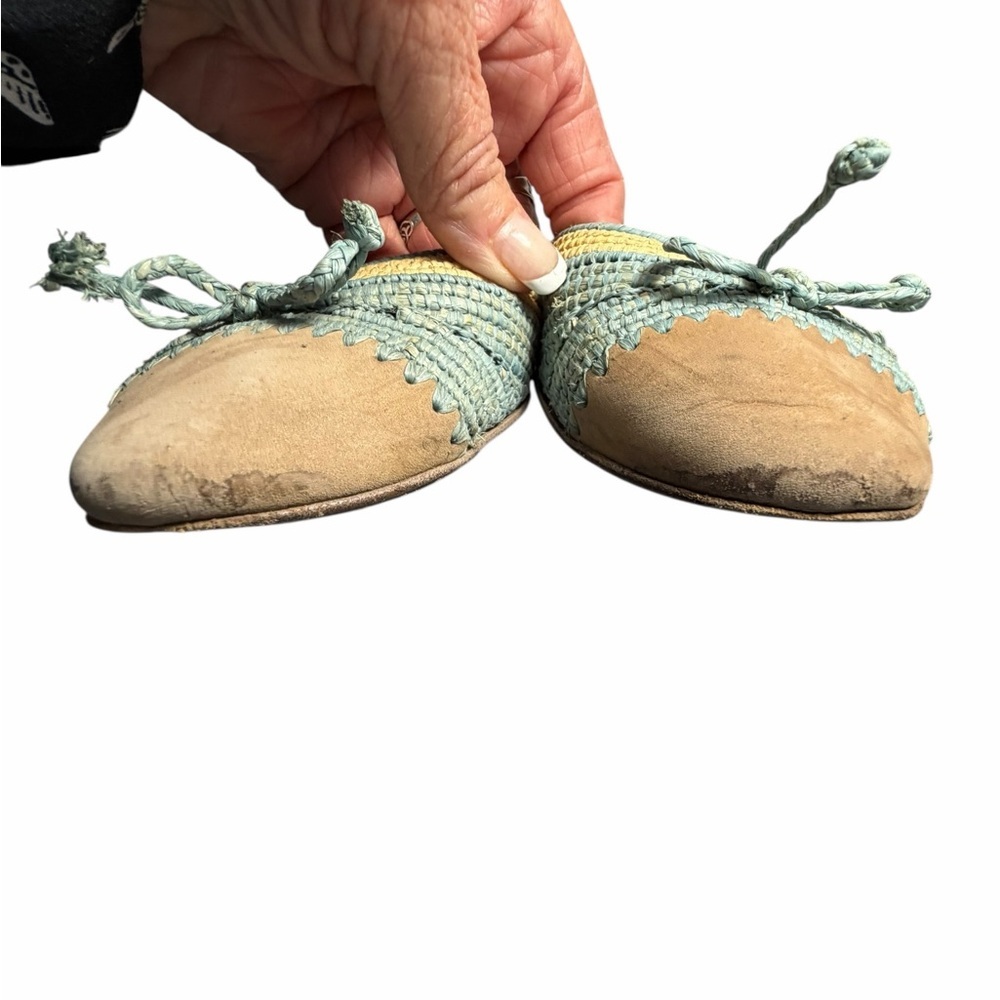 Salvatore Ferragamo tricolor Raffia Green & Tan Bow Ballet Flats Sz 10M - Picture 4 of 16